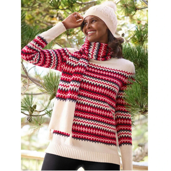 Talbots Cream and Red Chalet Fair Isle Knit Sweater Size Medium Petite MP - Picture 1 of 10